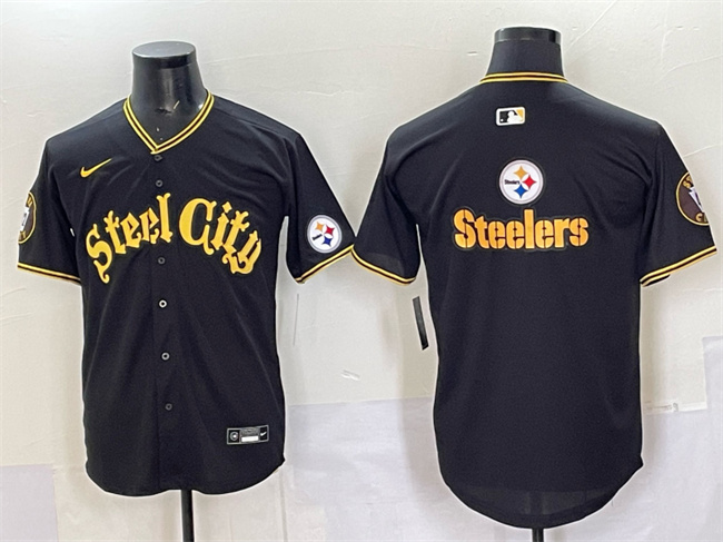 Men's Pittsburgh Steelers Team Big Logo Black 412 Patch Vapor Premier Limited Stitched Baseball Jersey Men's Pittsburgh Steelers Team Big Logo Black 412 Patch Vapor Premier Limited Stitched Baseball Jersey